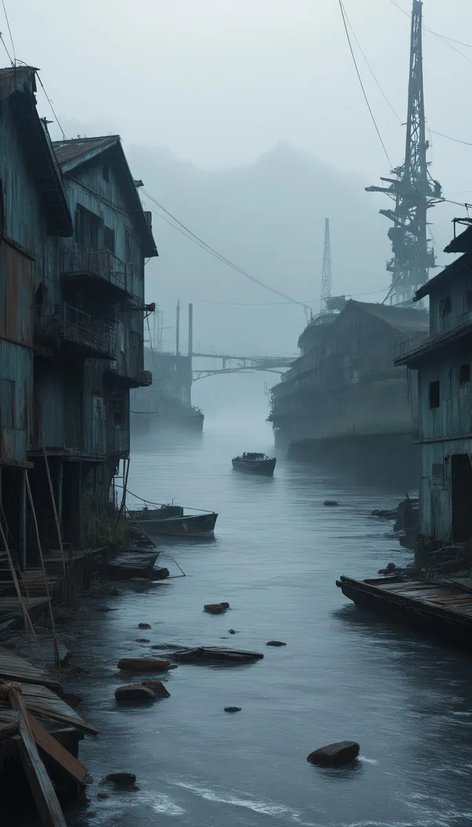 A misty, dark waterfront scene featuring an abandoned dock with old, weathered buildings and still water. This is an AI generated image using stable diffusion.