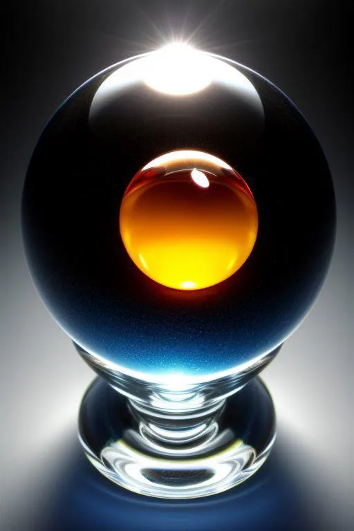 An AI generated image using Stable Diffusion depicting an abstract glass sphere with a glowing orange and gold orb inside, set against a dark background with reflective light effects.