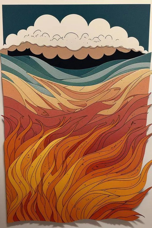 Abstract landscape illustrating fire and water with a cloud in a paper cut style, AI generated image using Stable Diffusion.
