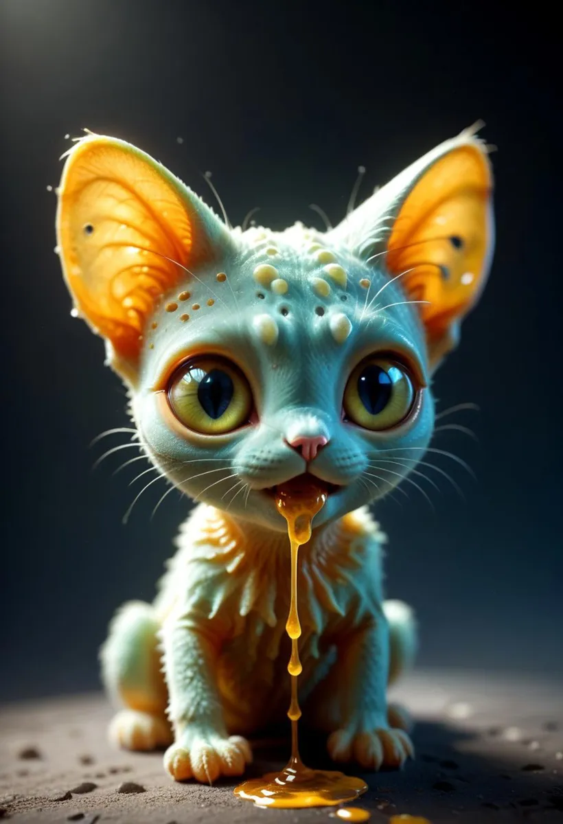 An adorable AI-generated fantasy cat with large eyes, intricate skin patterns, and honey dripping from its mouth using Stable Diffusion.