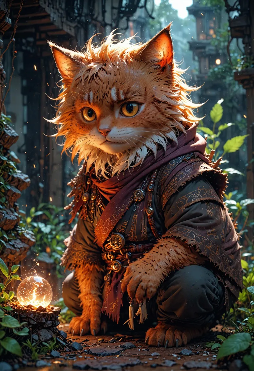 A fantasy cat dressed as an adventurer in a magical forest, created with AI using Stable Diffusion.