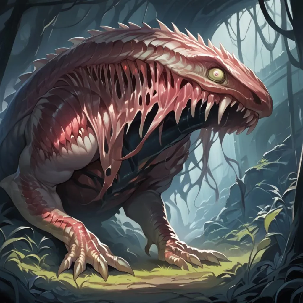A terrifying alien creature with sharp teeth and mutated lizard-like features lurking in a dimly lit forest, AI generated image using Stable Diffusion.