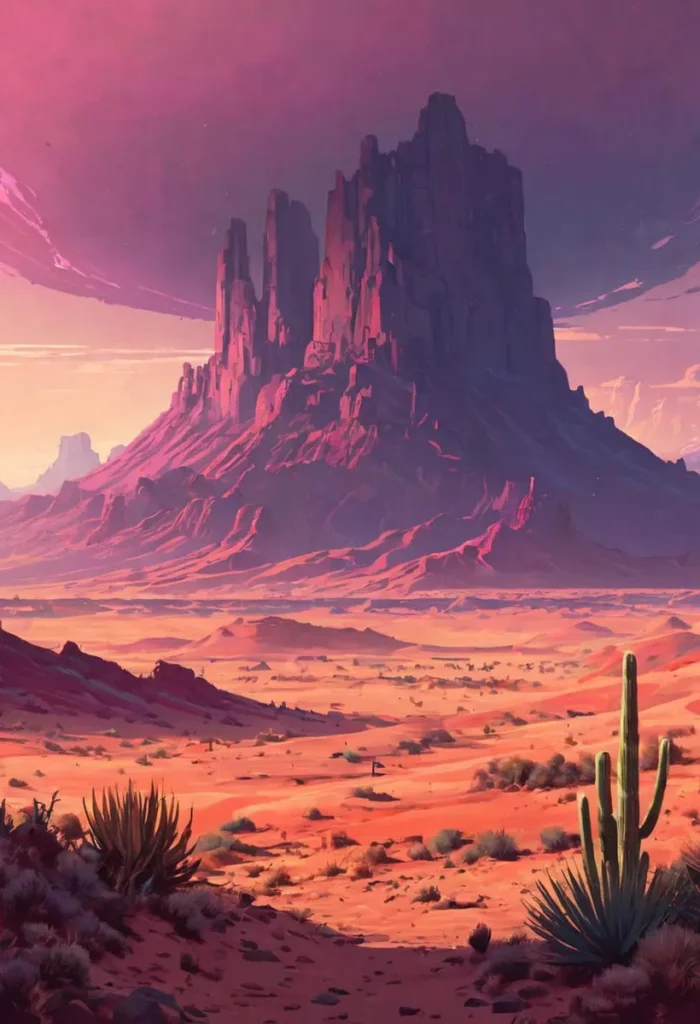 A fantastical desert landscape featuring towering rock formations, cactus plants, and a purple sky. AI generated image using Stable Diffusion.