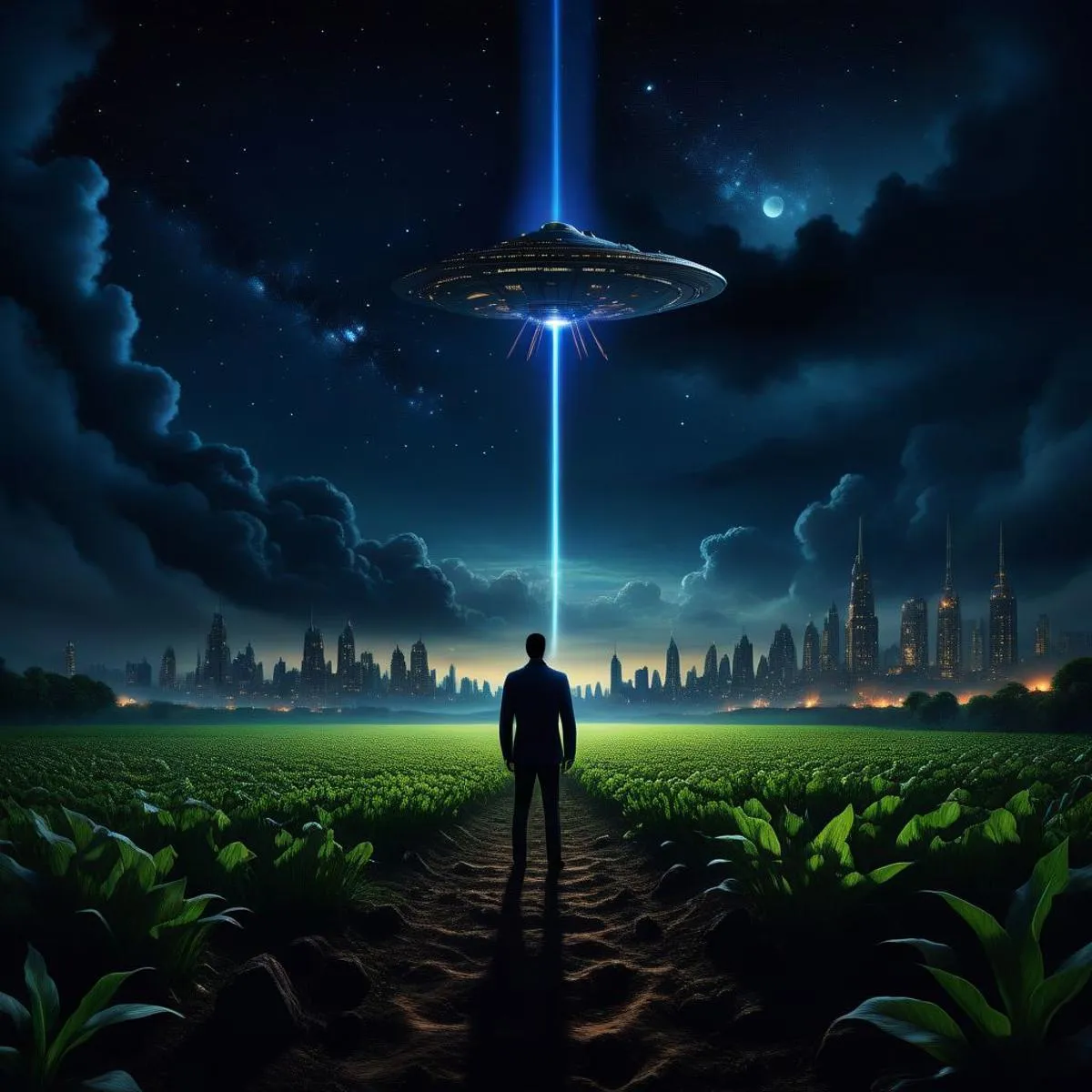 A silhouette of a person standing in a field at night, looking at a hovering UFO emitting a beam of light, with a distant cityscape under a starry sky in the background. AI-generated image using Stable Diffusion.