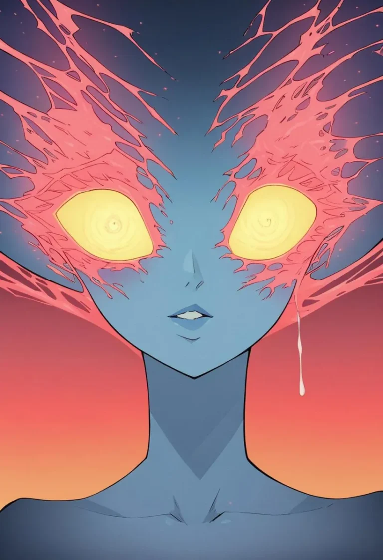 A surreal alien portrait with a blue face, large glowing yellow eyes, and red flame-like protrusions from the head created using stable diffusion.