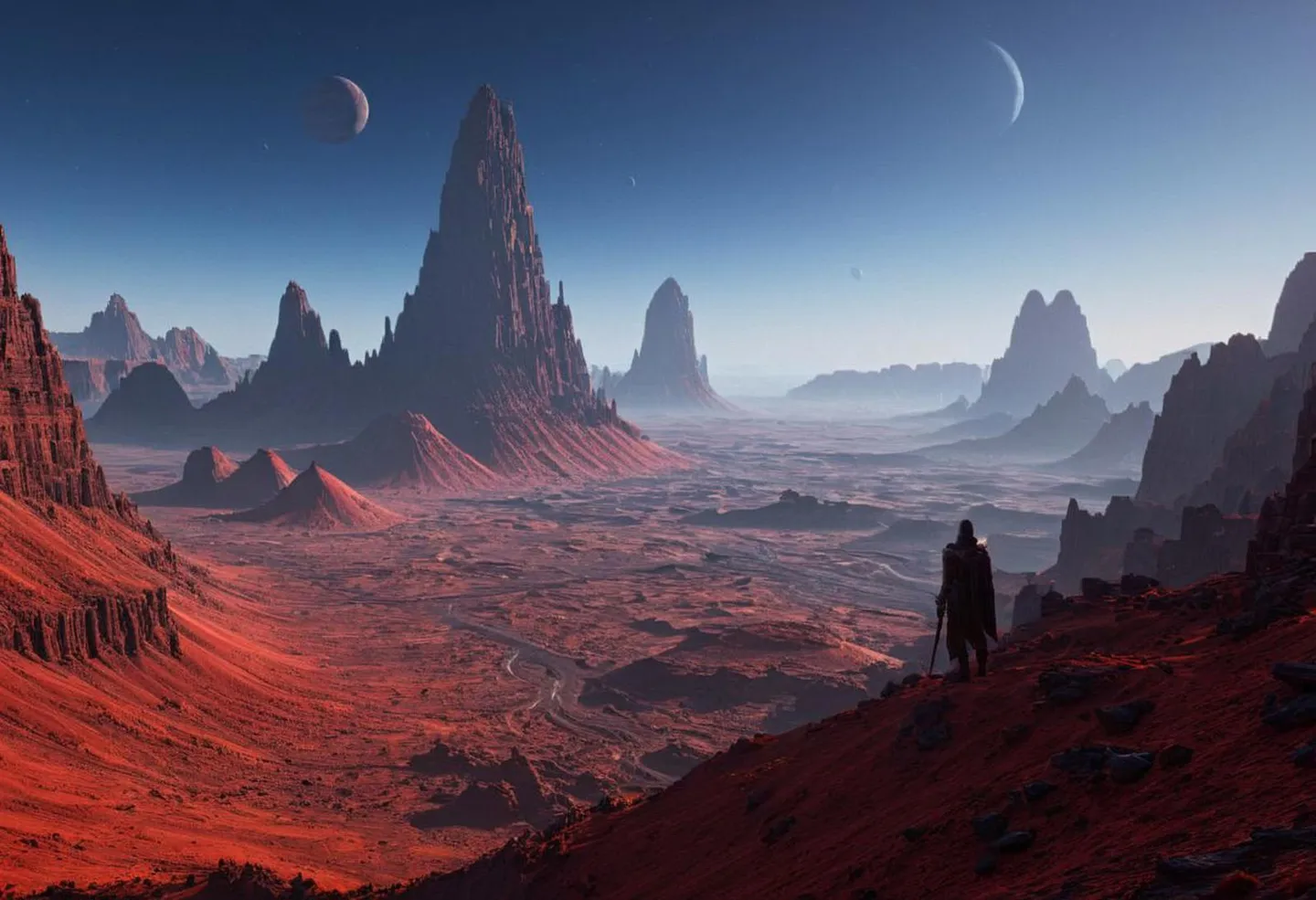 AI generated alien landscape with towering rock formations, a barren red terrain, and distant planets in the sky using Stable Diffusion.