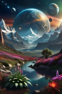 AI generated surreal alien landscape with vibrant plants, a winding river, mountains, and multiple planets in the night sky using Stable Diffusion.