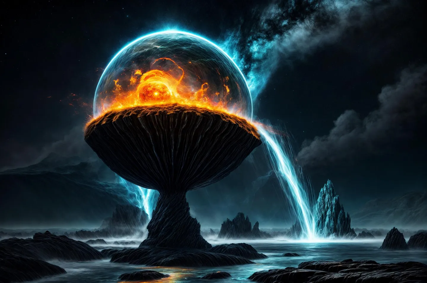 An AI generated image using stable diffusion depicting a surreal alien landscape with a giant pedestal-like structure emitting a cosmic flame inside a glowing translucent sphere with cascading blue light in a dark, mysterious environment.