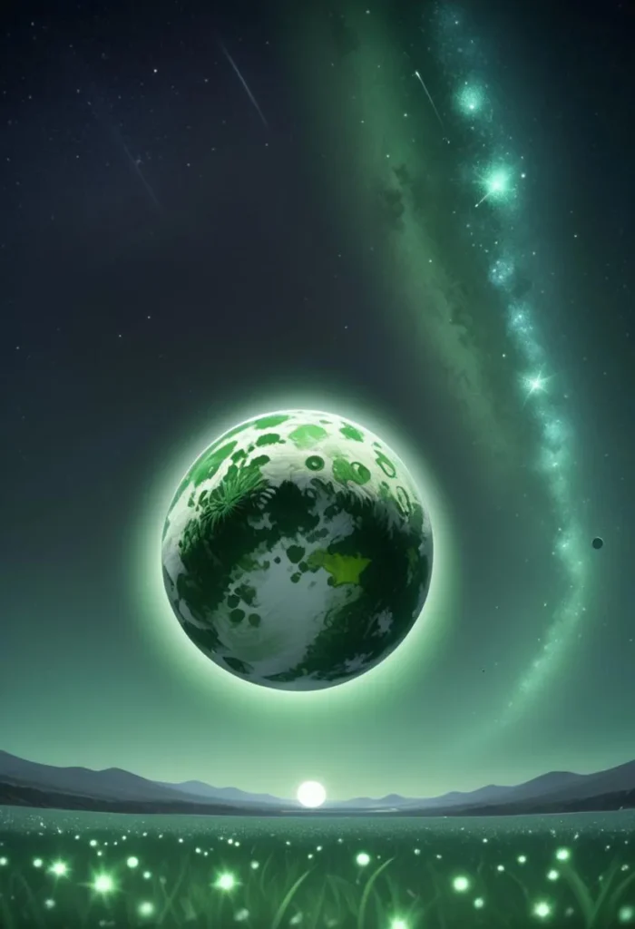 An AI generated image using stable diffusion showing an alien planet floating above a glowing landscape with a starry night sky.