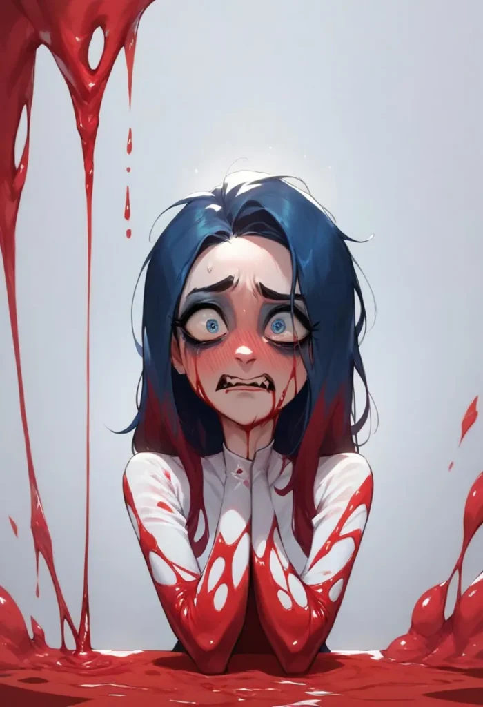 An AI generated anime girl with blue and red hair, covered in red paint using stable diffusion. The girl looks scared and is surrounded by dripping red paint.