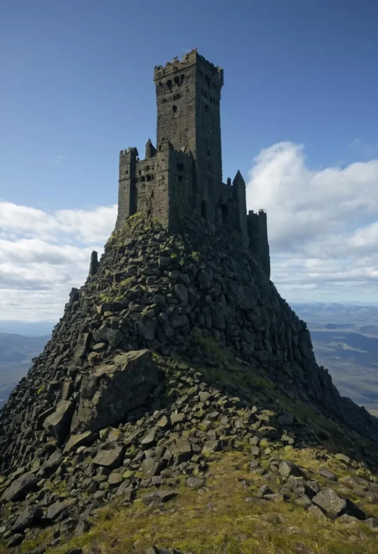 An AI generated image using Stable Diffusion showcases an ancient, medieval-style stone castle perched atop a rocky hill under a clear blue sky with scattered clouds.