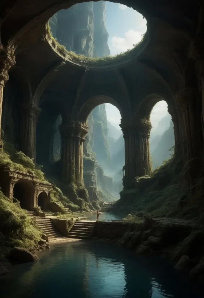 Ai generated image using stable diffusion depicting ancient ruins with large arches and a mystical river running through them.