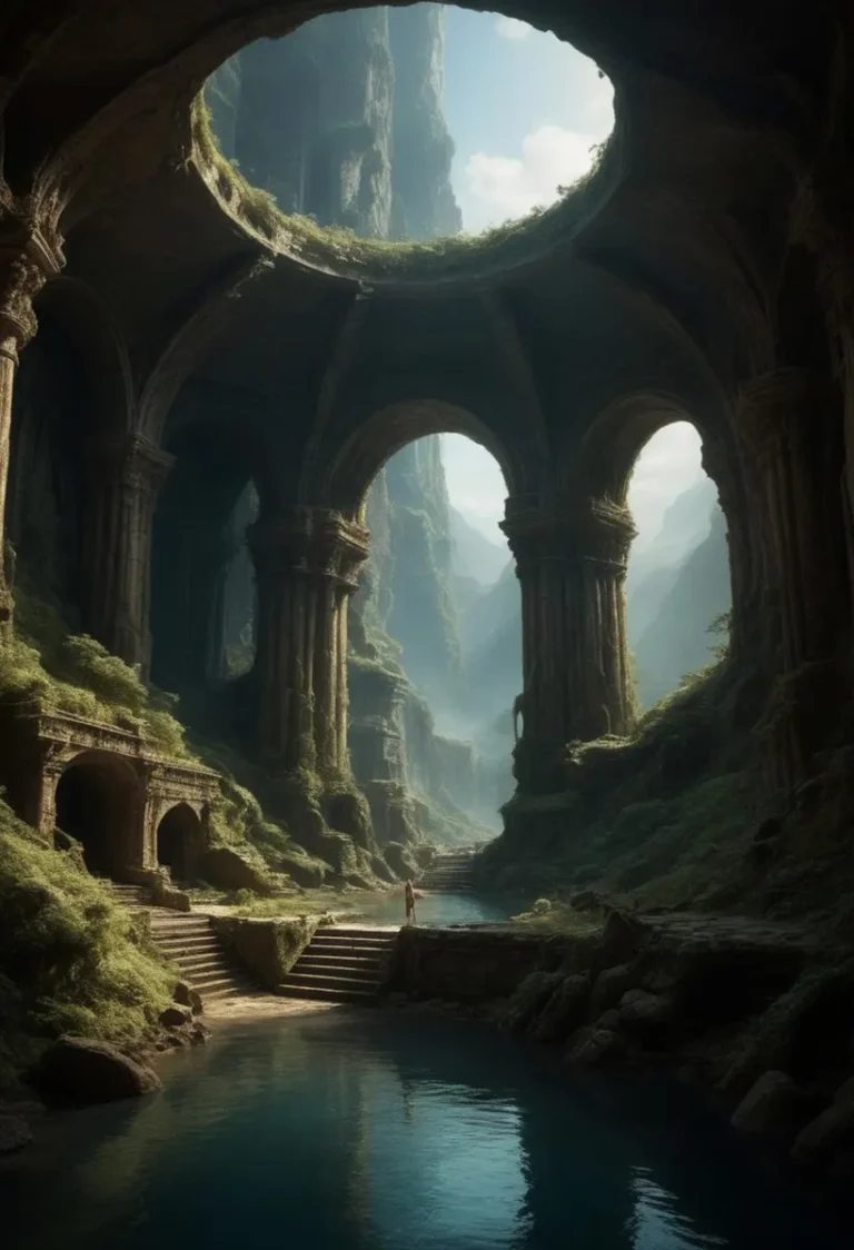 AI generated image using stable diffusion depicting ancient ruins with large arches and a mystical river running through them.