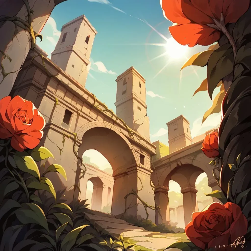 Sunlit ancient ruins covered with red roses and vines. AI generated image using stable diffusion.