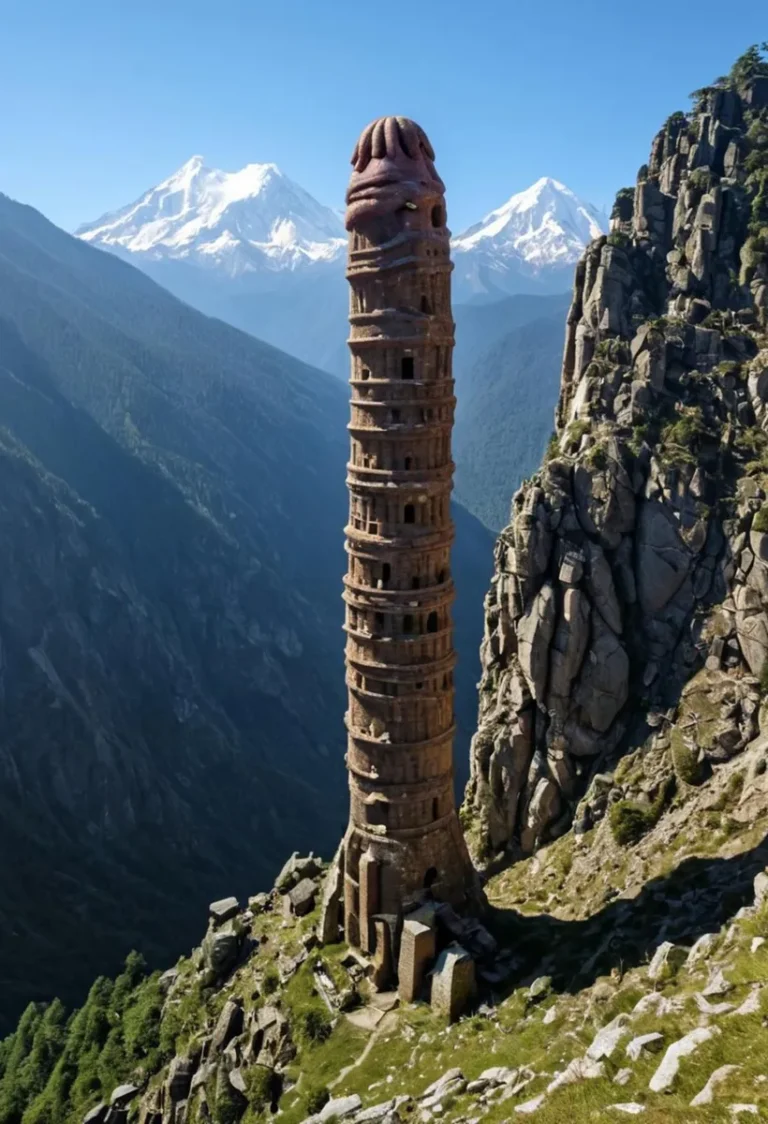 An AI generated image using stable diffusion of an ancient, cylindrical tower with several levels of windows, standing precariously on a rocky mountain ledge. Snow-capped mountains are visible in the background under a clear blue sky.