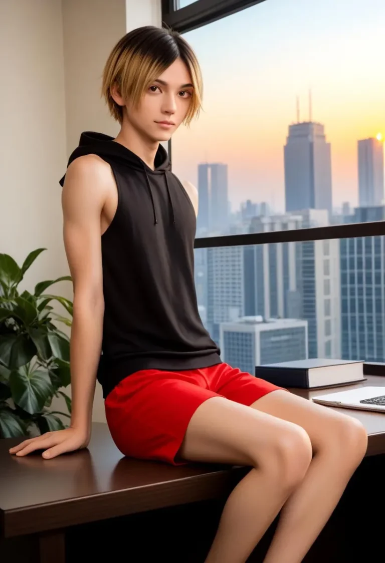 An AI generated image of an androgynous young man with short, layered blonde and brown hair wearing a black sleeveless hoodie and red shorts, sitting on a table by a large window with a cityscape view at sunset, created using Stable Diffusion.