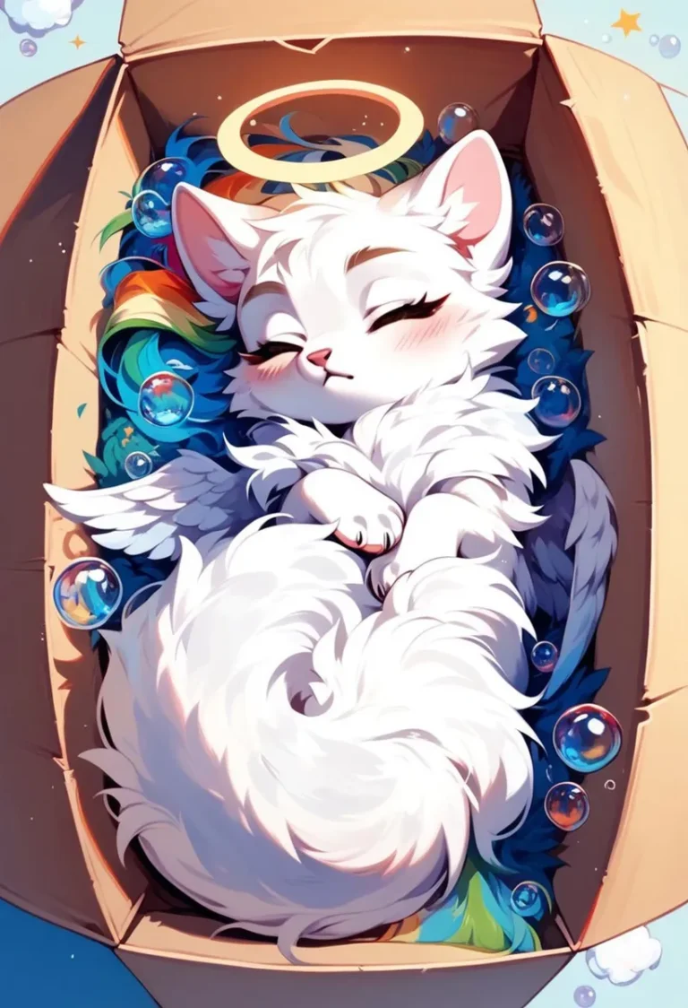 A digitally created image of a sleeping white cat with angel wings and a halo, surrounded by colorful feathers in a cardboard box. AI generated using stable diffusion.