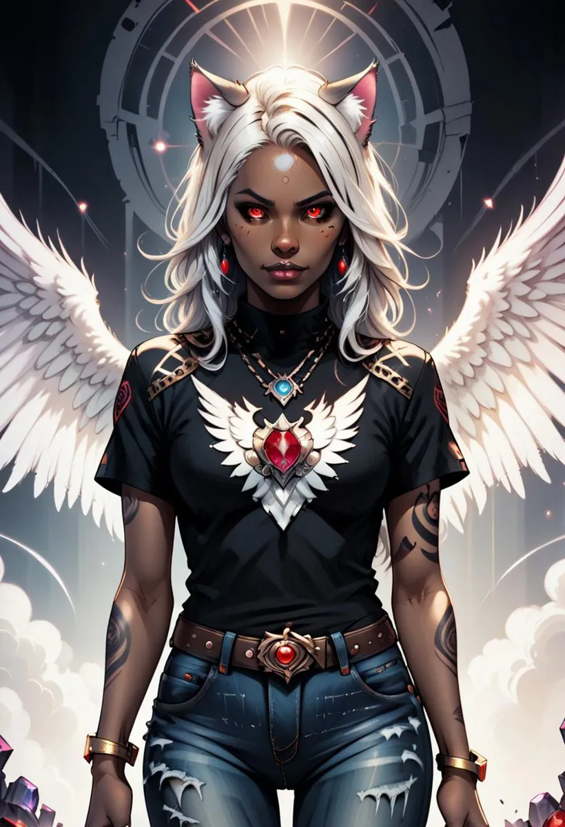 AI generated image of an angel warrior with white hair, cat ears, and wings, created using Stable Diffusion.