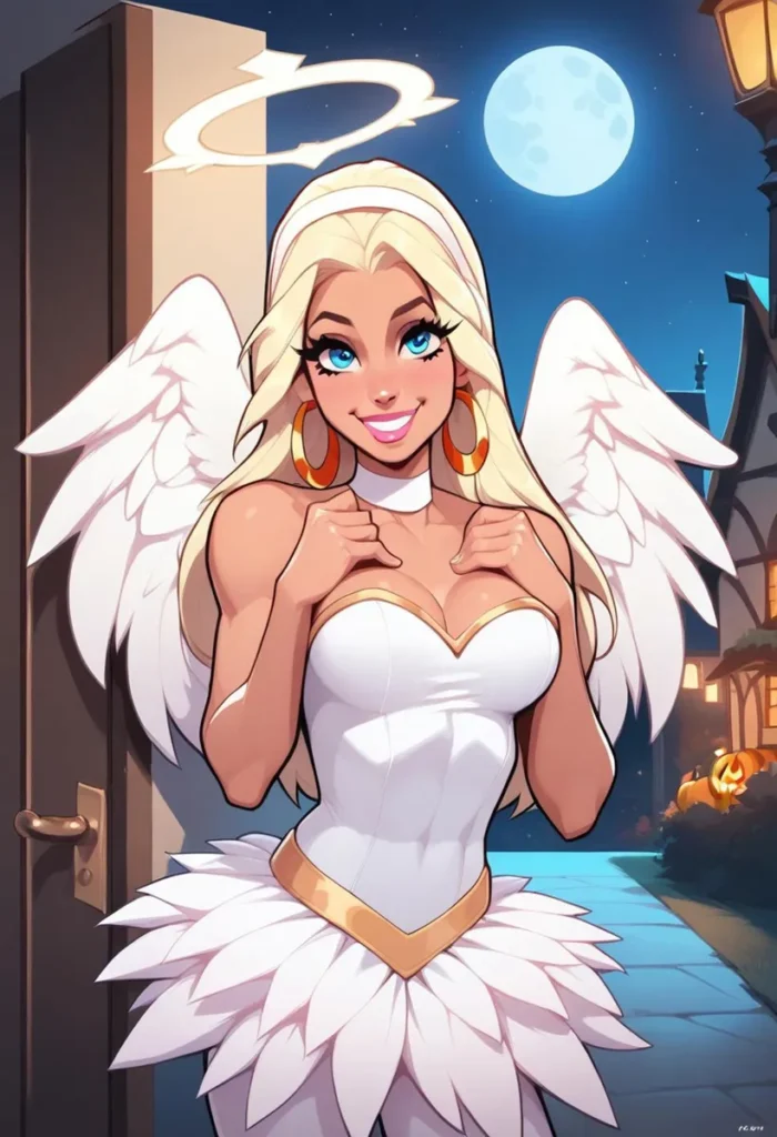 AI generated image of a woman in an angel costume with wings and halo, wearing big hoop earrings, standing outside at night with a full moon.