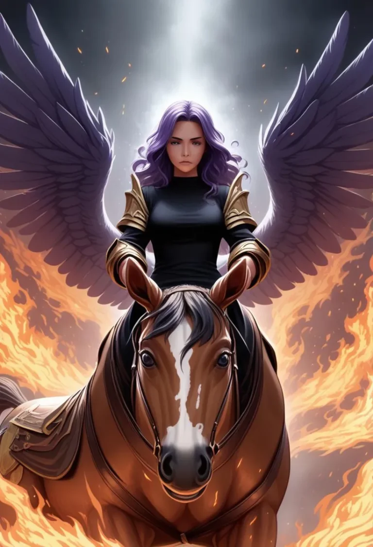 AI generated image of an angel warrior with purple hair riding a horse surrounded by flames, using Stable Diffusion.