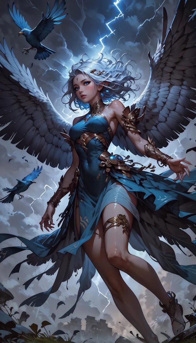 An AI generated image using Stable Diffusion of a fierce angel warrior with large white wings and a blue dress, standing in front of a stormy sky with lightning.