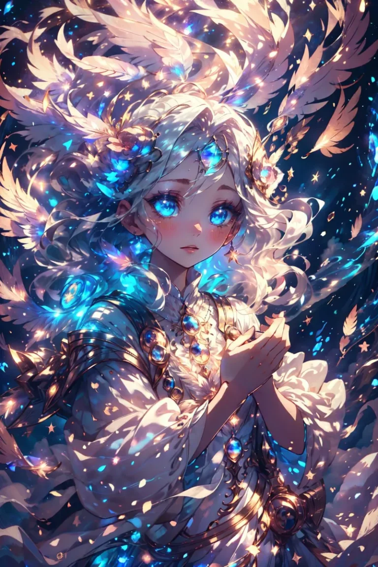 A beautiful angelic anime character with glowing blue eyes, adorned in ornate attire and surrounded by a celestial aura, created using Stable Diffusion.