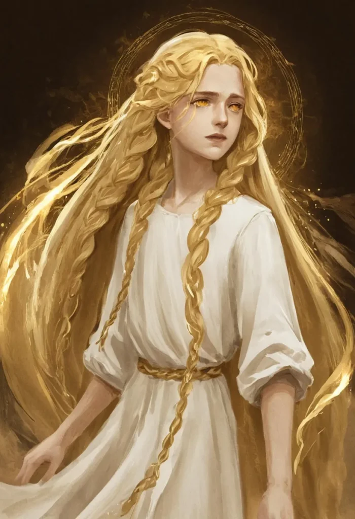 AI generated image of an angelic figure with long blonde hair, golden eyes, and a glowing golden aura using Stable Diffusion