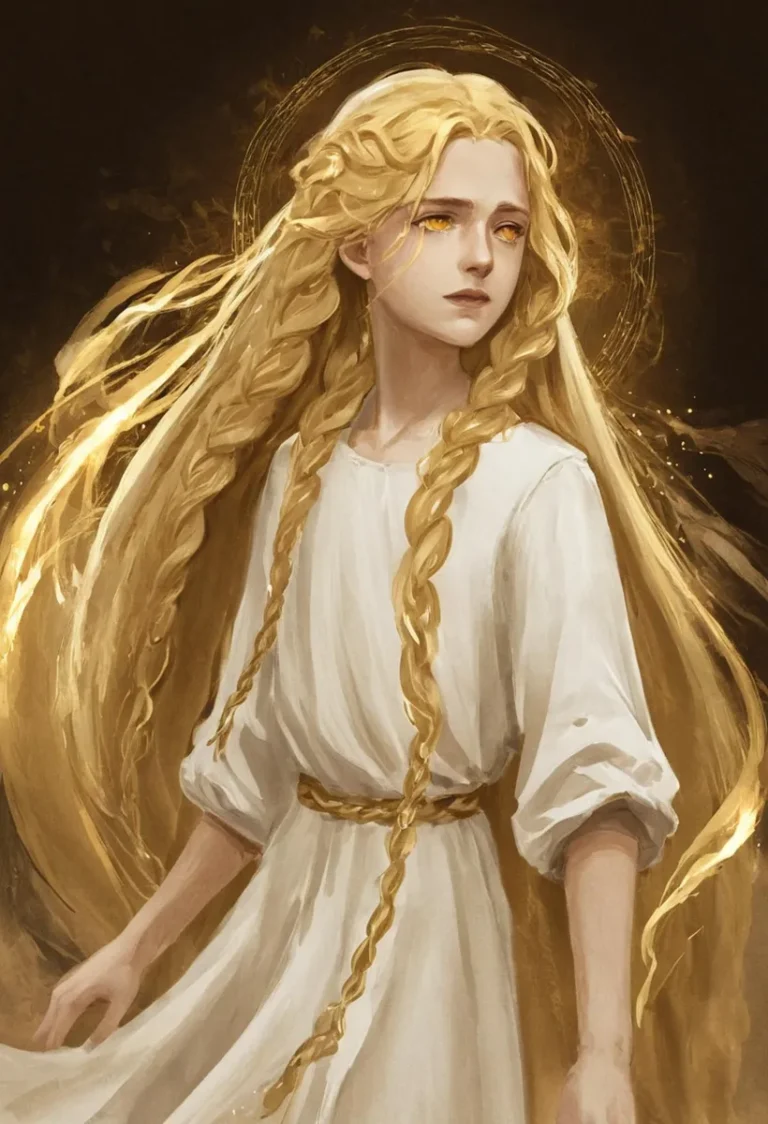 AI generated image of an angelic figure with long blonde hair, golden eyes, and a glowing golden aura using Stable Diffusion