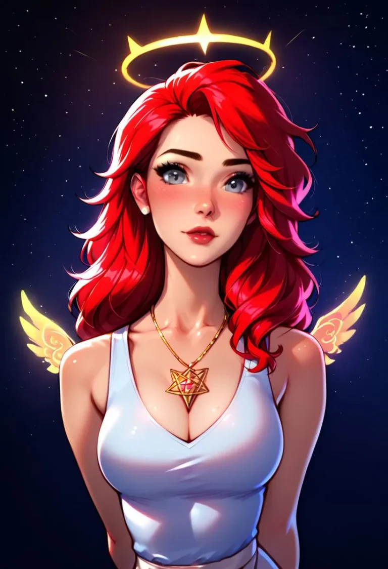 An anime-style AI generated image of a red-haired woman with a golden halo and angel wings, created using Stable Diffusion.