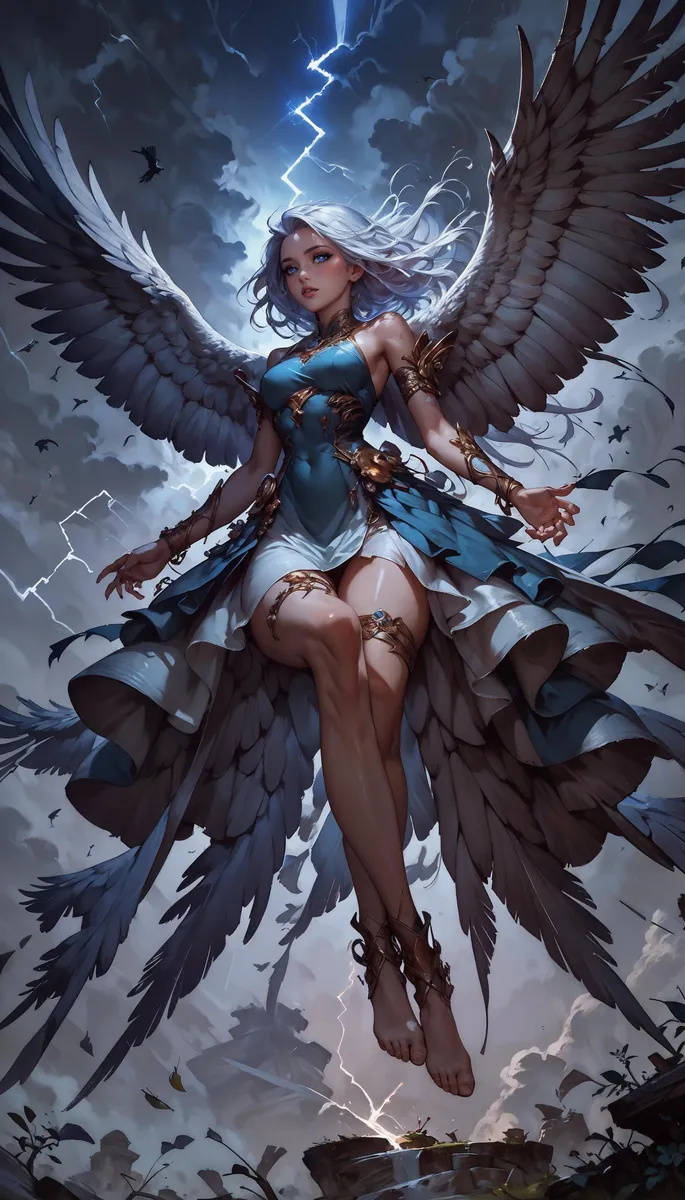 An angelic warrior with large feathered wings and lightning backdrop. AI generated image using Stable Diffusion.