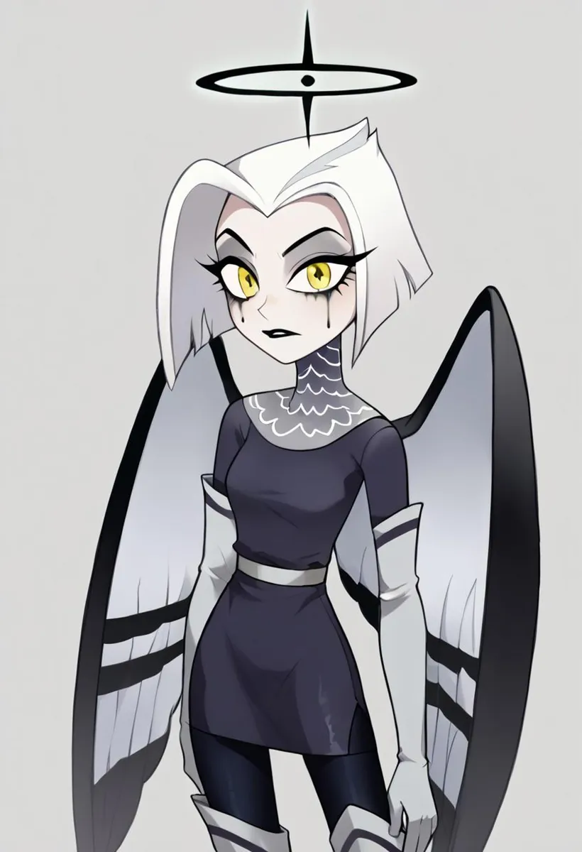 An AI generated image using stable diffusion, depicts an anime-style character with angel wings, short white hair, and a black halo.