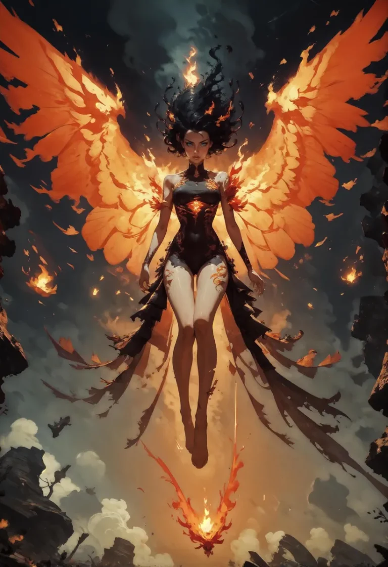 An AI-generated image using Stable Diffusion showing an angelic figure with fiery wings. The figure is dressed in a black, form-fitting outfit and is surrounded by blazing flames against a dark, smoky sky.