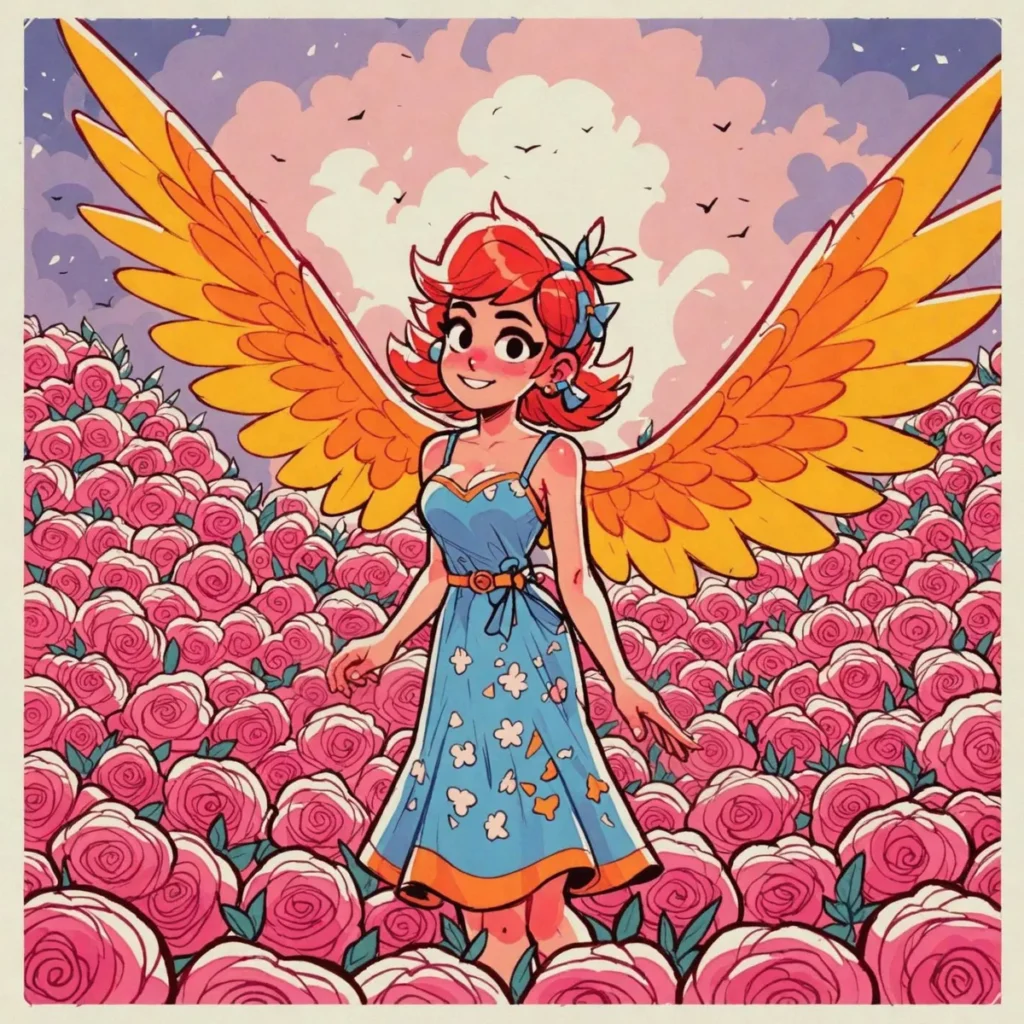 AI generated image using stable diffusion. An angelic girl with orange wings in a blue dress standing among a field of pink flowers.