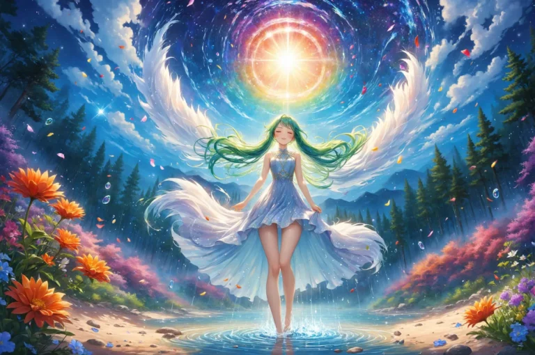 An angelic maiden with flowing green hair and a blue dress, standing in a forest clearing with vibrant flowers and a glowing celestial spiral in the sky. This is an AI generated image using Stable Diffusion.