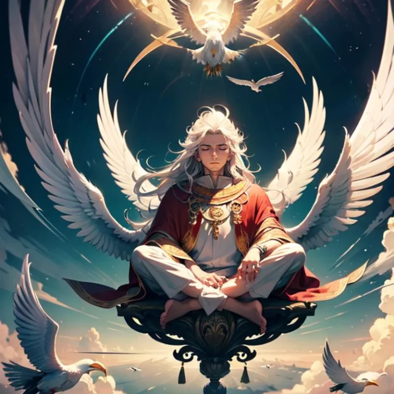 A celestial being with white wings and flowing hair, seated in meditation, surrounded by doves, in an AI generated image using stable diffusion.