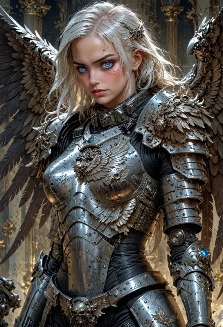 AI generated image using Stable Diffusion of a beautiful angelic warrior with cyberpunk aesthetics, wearing futuristic armor adorned with intricate details and metallic wings.