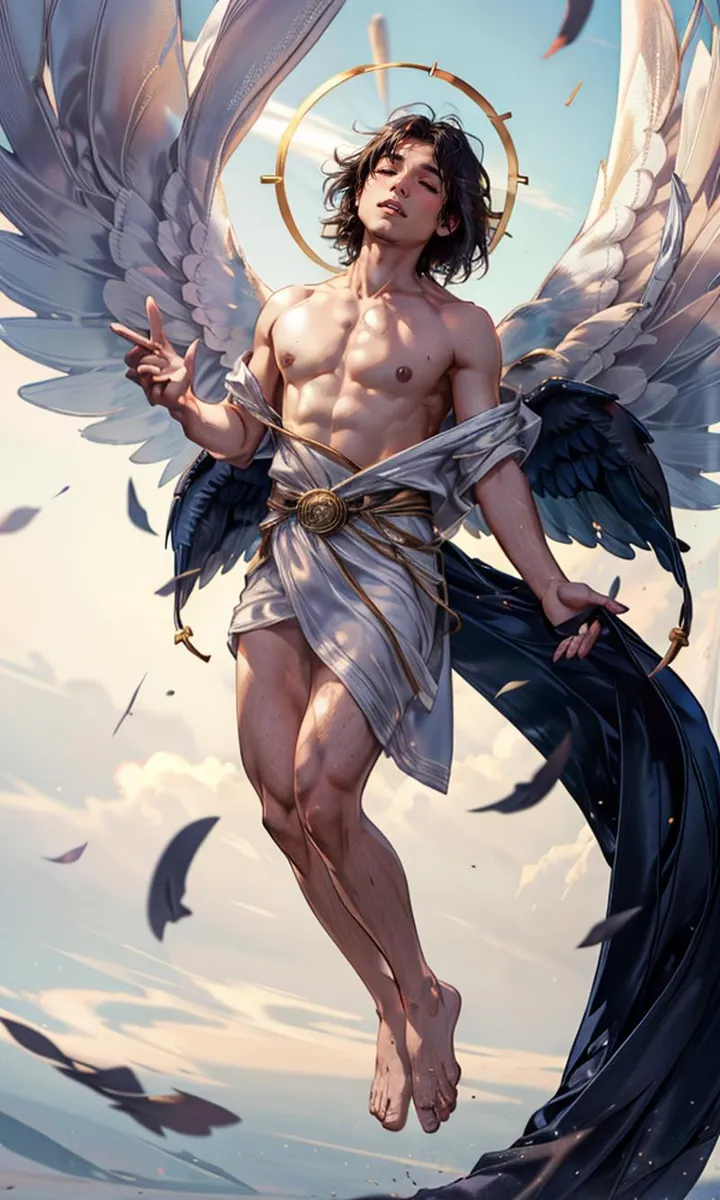AI-generated image using stable diffusion depicting an angelic warrior with large wings, a halo, and a gold belt floating in the sky amidst flying feathers.