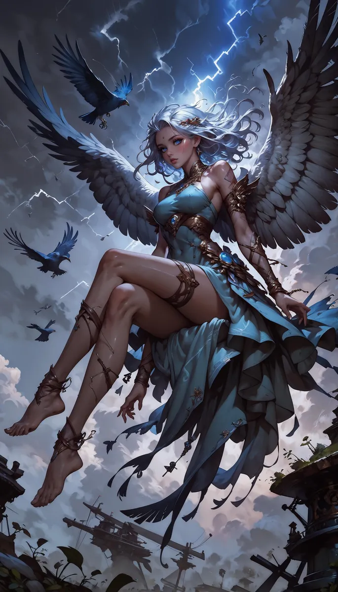 AI generated image using stable diffusion depicting a powerful angelic warrior with large wings, dressed in blue, surrounded by ravens in a stormy sky with lightning.