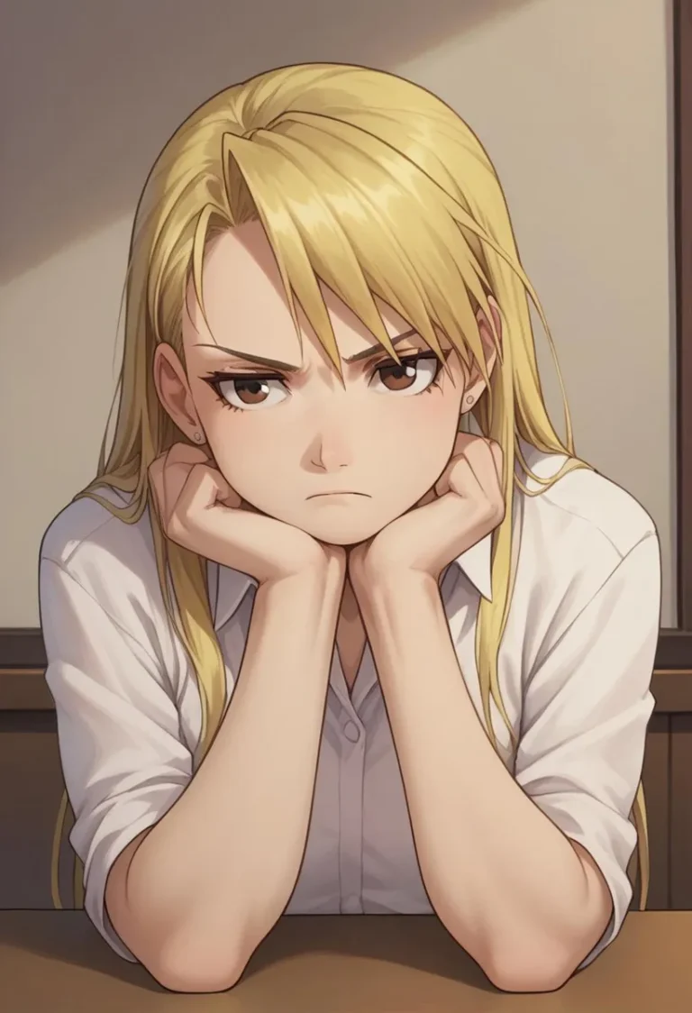 An AI generated image using stable diffusion of a blonde anime girl with an angry expression, resting her head on her hands, wearing a white shirt.