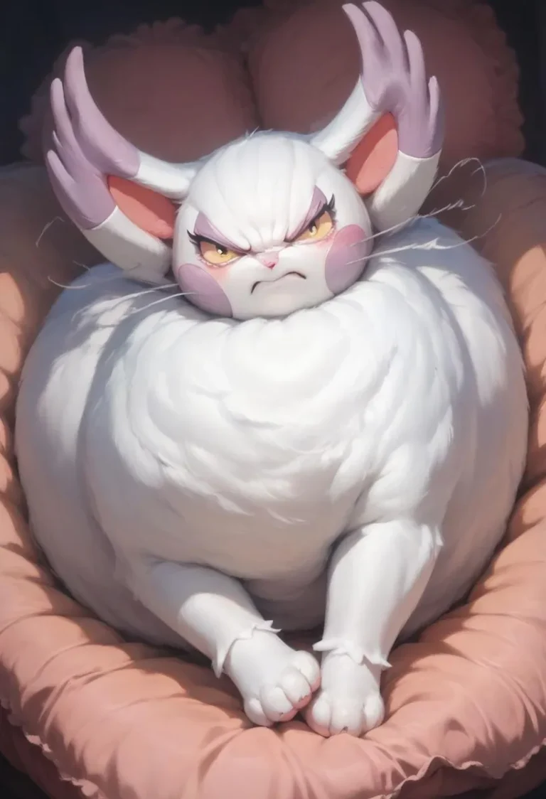 A chubby white cat with large ears and pink cheeks, glaring angrily, generated by AI using stable diffusion.