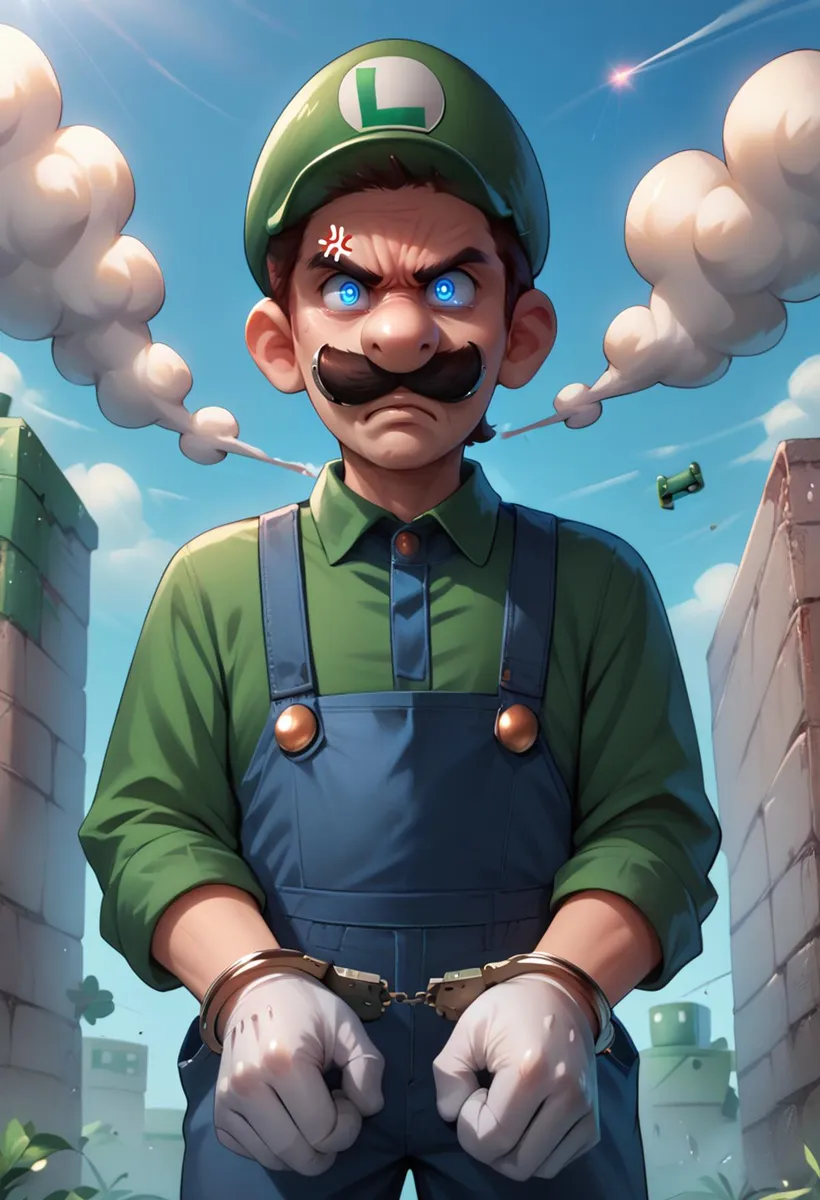 Detailed cartoon image of an angry game character in a green hat with an 'L', blue overalls, and white gloves, with steam coming out of his ears, and a cityscape background, AI-generated using stable diffusion.