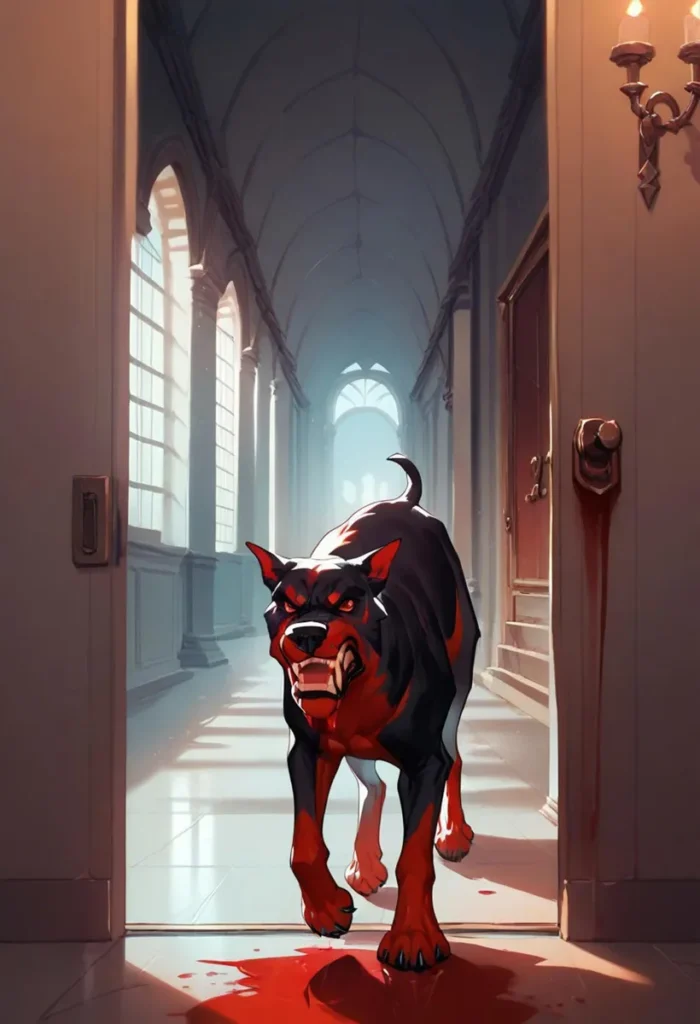 An AI generated image using Stable Diffusion featuring an angry dog with red and black fur, standing in a hallway with a bloody trail on the floor.