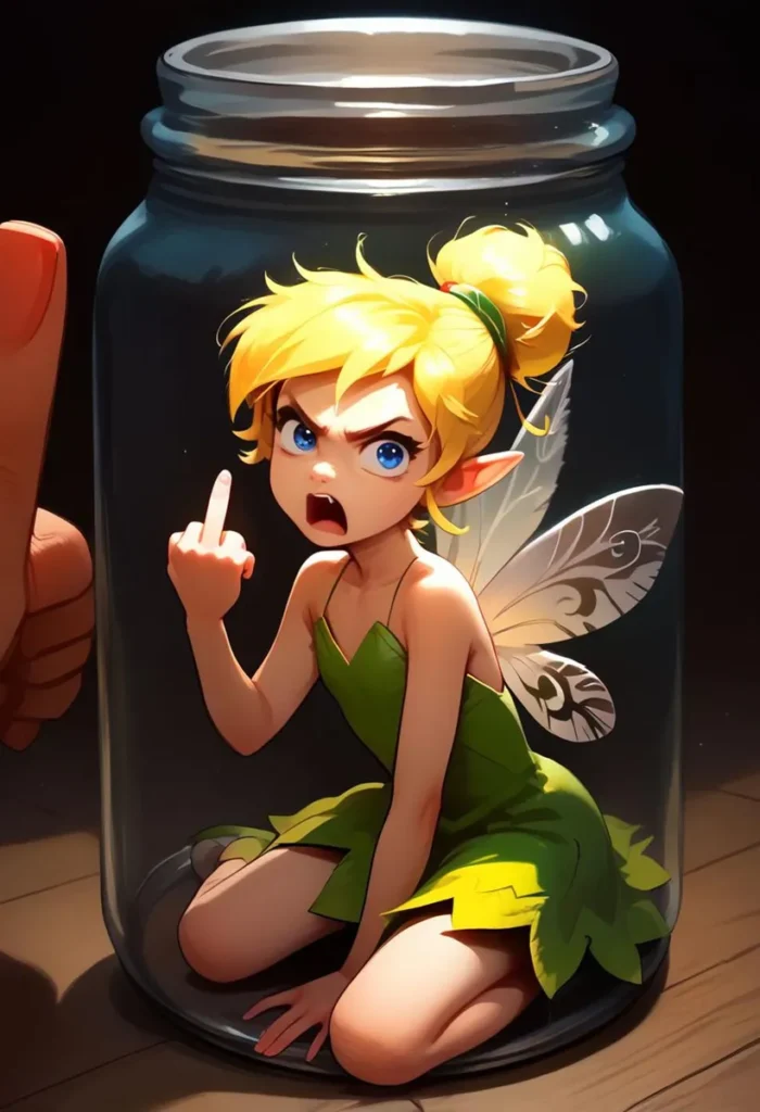 An angry fairy with wings, dressed in a green outfit, is trapped inside a glass jar, displaying a middle finger gesture. AI generated using Stable Diffusion.