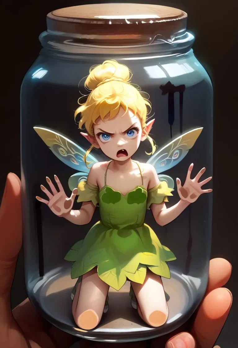 Angry fairy with blonde hair, green dress, and colorful wings, trapped in a jar, AI generated image using stable diffusion.