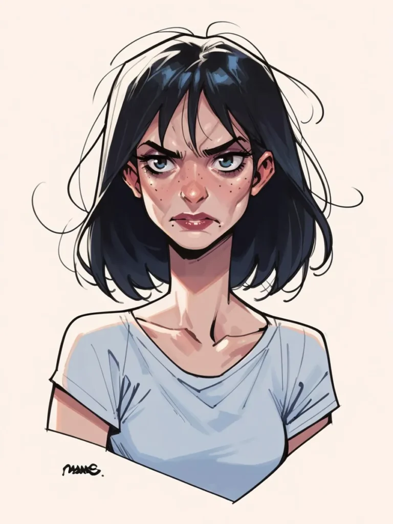 Stylized illustration of an angry woman with short, dark hair and freckles, created using Stable Diffusion AI.