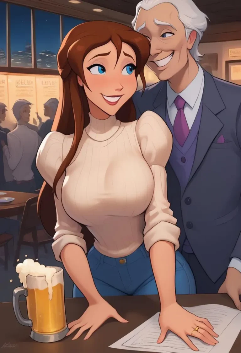 Animated couple in a bar setting, AI generated image using Stable Diffusion.