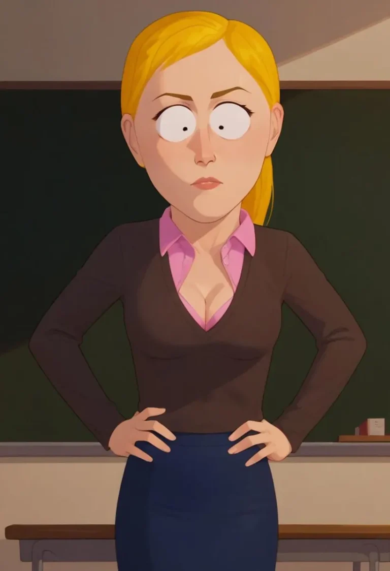 An AI generated image of an animated female teacher with blonde hair standing in a classroom, depicted in the style resembling South Park, created using Stable Diffusion.
