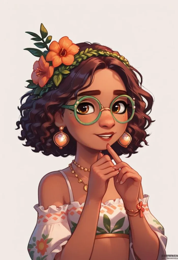 AI generated image of an animated girl with a floral headband, green glasses, peach earrings, and finger to chin using Stable Diffusion.