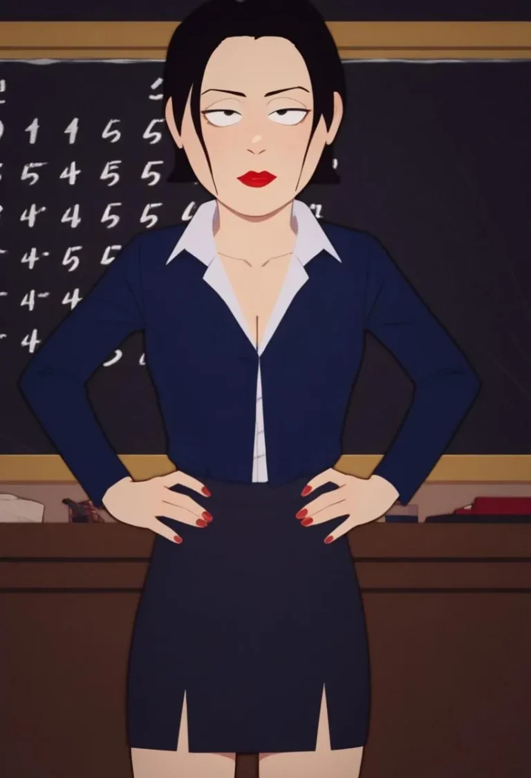 An AI generated image using stable diffusion of an animated teacher standing in front of a chalkboard in a classroom, wearing a dark blue blouse and skirt.