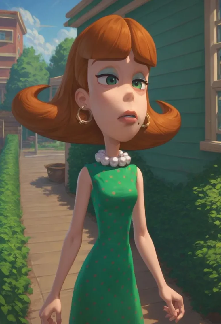 AI generated image of an animated woman with red hair and a green polka-dot dress. The style is retro and she is standing outdoors in a suburban setting.